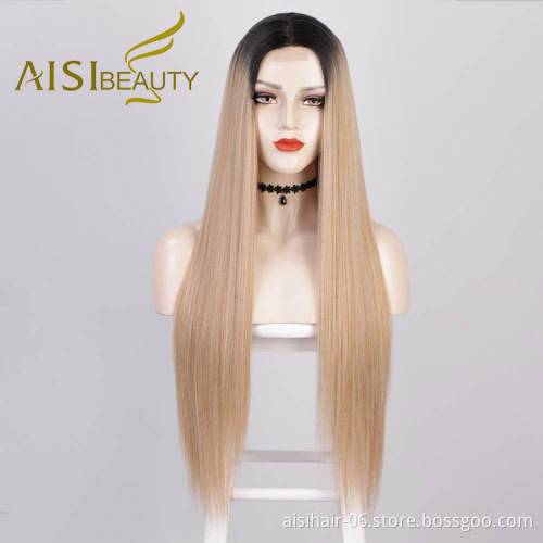 Aisi Beauty Vendor Cheap Party 26 Inch Long Straight Ombre Blonde Wig Swiss Lace Synthetic Hair For Black Women Lace Front Wig